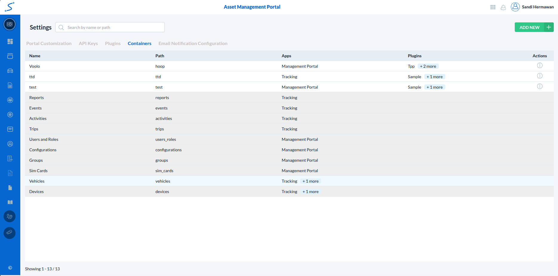 Settings - Containers Menu